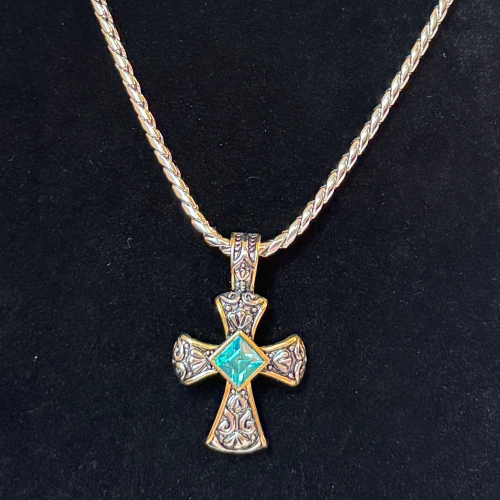 Silver Cross Pendant Necklace with Turquoise Stone